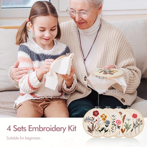 Image of wtisan Embroidery Kit, 4 Sets Embroidery Kit for Beginners with Stamped Flower Pattern, Cross Stitch Starter Kits for Adults Hand Craft Lover with Embroidery Hoop, Instructions and Threads