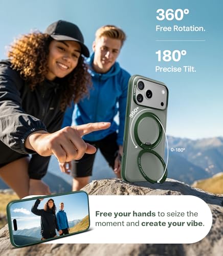 Image of TORRAS 360 Magnetic Stand for iPhone 17 Pro Case, Ostand 3.0[Fit for MagSafe][4X Mil-Grade Shockproof] Rotatable Kickstand Protective Cover, Camera Control Button, Translucent Pine Green, O3 Fitness