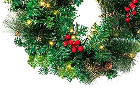 20 Artificial Christmas Wreath Prelit with 15 Hanger, Decorated with 50 LED Lights, Red Berries, Pine Cones & Glitter Pine Needles for Front Door Wall Christmas Decorations (Battery Operated)