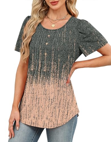 Image of Womens Tops Dressy Casual Blouses Short Sleeve Shirts Plus Size Fashion Clothing Spring Summer Outfits Button Pleated Front