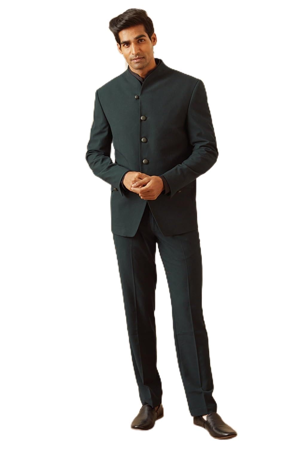tasva Green Plain Stretch Bandhgala With Built Up Neck For Men-picture-33