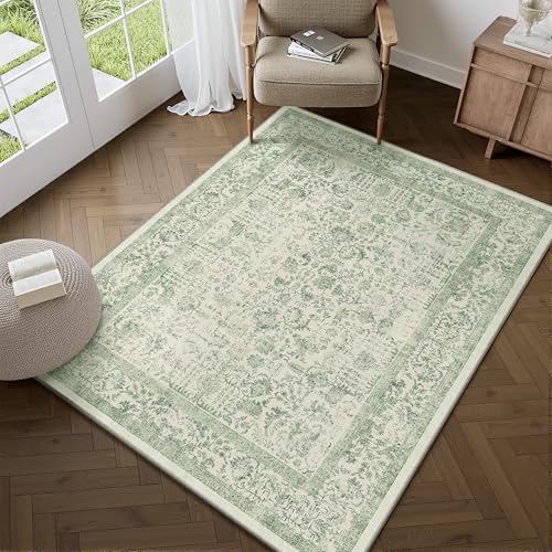 Sage Green Area Rug 3x5 Washable Office Entryway Carpet Vintage Distressed Non Slip Kitchen Indoor Entry Neutral Low Pile Retro Floral Farmhouse Throw Mat for Laundry Dining Room Bedroom