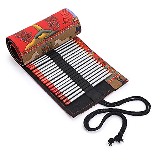 BTSKY Canvas Pencil Roll Wrap (72, Red+Brown)