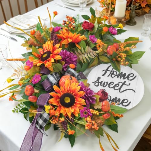 Image of 24 Inch Fall Wreaths for Front Door,Outdoor Autumn Wreath with Sunflowers