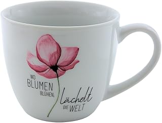 Dekohelden24 Maxi-XXL Kaffeebecher/Tasse aus Porzellan, XXL Kaffeepot, Motiv: Blüte, Wo Blumen blühen, lächelt die Welt, Größe H/Ø: 9,2 x 10,5 cm, Fassungsvermögen 400 ml, Spülmaschinengeeignet.