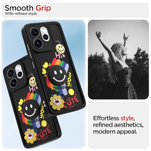 Image of Pikkme Back Cover for Oppo Reno 15 Pro Mini 5G | Soft Silicone| Cute Rainbow Smile & 3D Cartoon Flower Design | Shockproof Raised Camera Protection Bumper Case (Black)