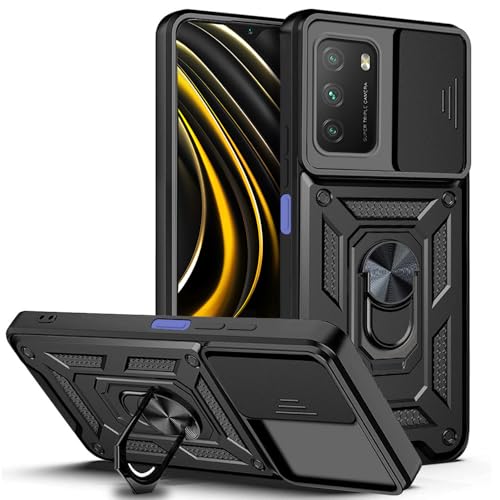Image of AESTMO Tough Armor Poco M3 / Redmi 9 Power Bumper Back Case Cover | Ring Holder & Sliding Camera Shield Cover | 360 Degree Protection Back Case Cover for Poco M3 / Redmi 9 Power (Black)