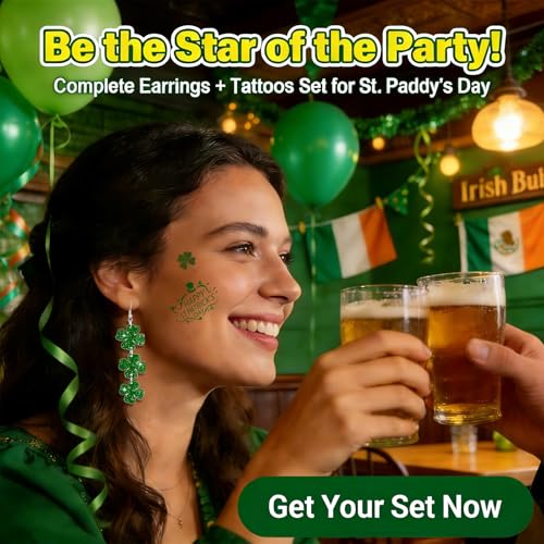 St Patricks Day Earrings & Tattoos for Women, 3 Pairs Irish Earrings + Shamrock Temporary Tattoos for Irish Festival Party Celebration, Green Saint Patricks Day Shirt & Outfits Accessories for Adults - Image 7