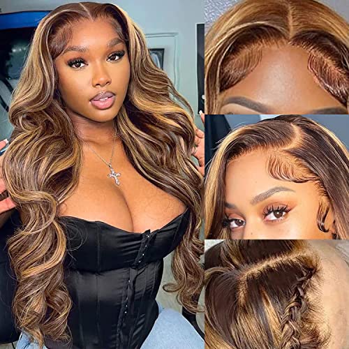Aicrelery Highlight Ombre 13X6 Lace Front Wig Human Hair Pre Plucked 13X6 Hd Transparent 4/27 Honey Blonde Lace Frontal Wigs With Baby Hair 180% Density Colored Body Wave Lace Front Wig Human Hair For Women 22 Inch #TOP15