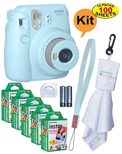 Fujifilm Instax Mini 9 Instant Film Camera + 20 Sheets of Instant Film + Lens Cleaning Cloth + Close-Up Selfie Lens + Wrist Strap  Batteries Included - ICE-Blue