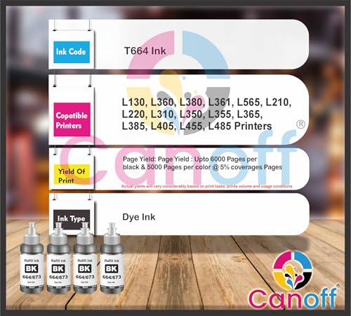 Image of CANOFF T664 Black Refill Ink Compatible for Epson L130, L360, L380, L361, L565, L210, L220, L310, L350, L355, L365, L385, L405, L455, L485 Printers (T664 Black 4pc.)
