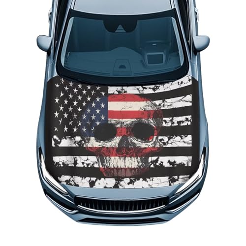 Image of Sunset American Flag Skull Washed Car Hood Cover for Leaves for Auto Car Truck, Van, SUV, Pickup