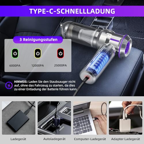 Handstaubsauger Kabellos, 25000Pa Stark & 4 in 1 Akku Staubsauger mit 1-Knopf Selbstentleerung, Bürstenloser Motor Mini Staubsauger, 3 Stufen Saugstärke für Auto, Haus, Tierhaare, Ladegerät, Silber