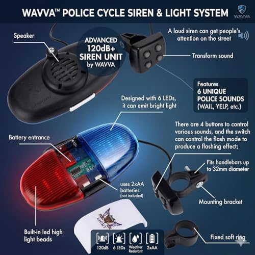 Image of Wavva Police LED Light + 4 Loud Siren Sound Trumpet Cycle Horn.