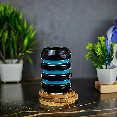 Image of Ceramic Bathroom Accessories Set for Utility and Bathroom Decor | Liquid Soap Dispenser, soap Tray, Toothbrus Holder Glossy Sky Blue and Black (GOA 8)