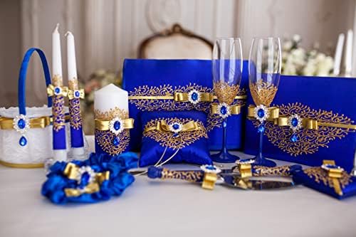 Vizzara, Royal blue and gold Wedding Set, Personalized, Guest book, Wedding glasses Royal blue and gold wedding, Card box Royal blue wedding, Pillow (Whole Set of 17 pcs)