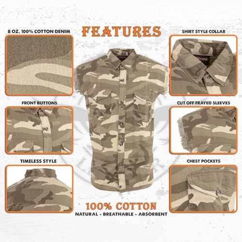 Image of Milwaukee Leather DM4009 Men's Sand Lightweight Denim Shirt with with Frayed Cut Off Sleeveless Look