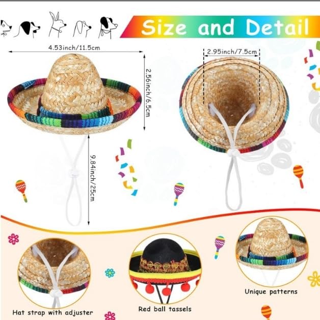 Falafoty Mini Mexican Sombrero Hats, 6PCS Mini Fun Fiesta Straw Hats Cinco De Mayo Fabric Sombrero Mexican Fancy Dress - Image 2