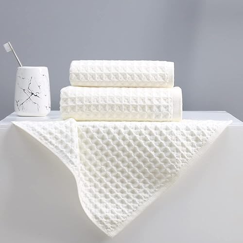 Vista 12 de YiLUOMO Juego de 3 toallas de baño de punto gofre, juego de toallas 100% algodón (1 toalla de baño, 1 toalla de mano, 1 toallita) Toalla de mano