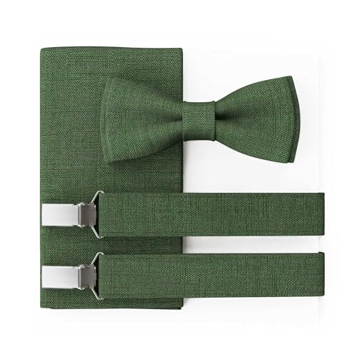 MAY-TIE Herren Leinen Fliege Set | Hochzeitsfliege vegan vorgebunden | Leinenfliege Dunkel Grün | Optional mit Einstecktuch & Hosenträger | Large Batwing