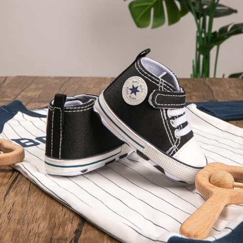Image of Unisex Baby Girls Boys Canvas High-top Shoes, Newborn Infant Anti-Slip Soft Sole Frist Walking Breathable Sneakers