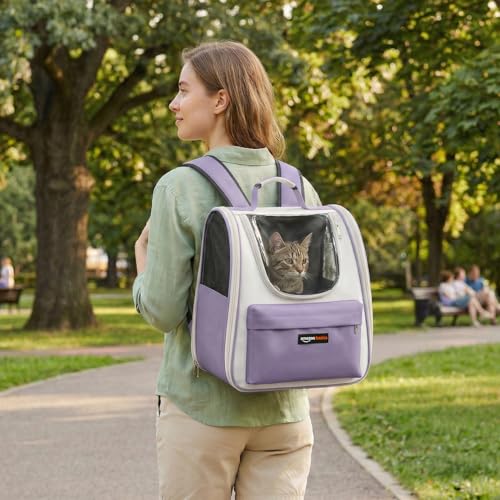 Image of Amazon Basics Cat Carrier Bag | Lightweight Soft-Sided Pet Travel Carrier with Transparent Window | Ventilated | Portable Hand & Shoulder Carry Bag for Cats & Small Pets | Purple | 36Lx21.5Wx32.5H cm