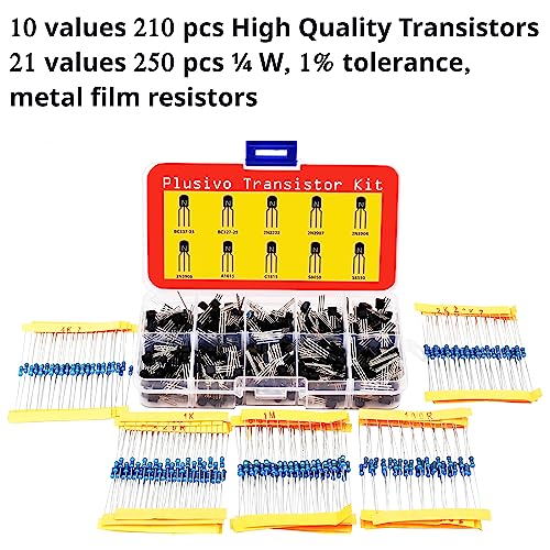 BJT Transistors Assortment Kit - Set of 210 PNP and NPN Assorted Transistors with 250 Assorted Resistors - Bipolar Transistor Pack with 2N3904 2N3906 S8050 2N2907 S8550 2N2222 BC337 C1815 BC327 A1015