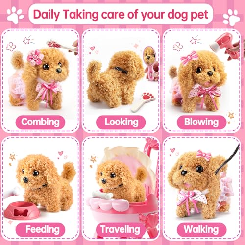 Jovow 14PCS Dog Toys for Kids Girls,Electronic Pretend Puppy Stroller Playset for Toddler,Walking Barking Dog Toy & Feeding Accessories,Birthday Gift for Girls Boys Age 3 4 5 6 7 8 Year Old.