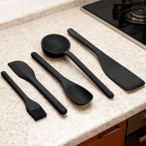 Image of Ember Cookware Silicone Kitchen Tool Set of 5 - Ladle, Brush, Flip, Stir & Scraper | Platinum Grade Food Safe | Heat Resistant Up to 230C | Seamless Unibody Design | Black