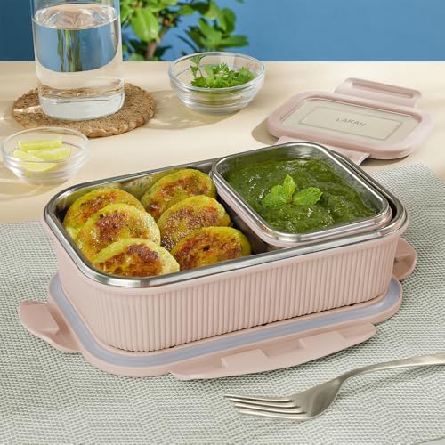 Image of Larah by BOROSIL Freshbyte Stainless Steel Lunch Box | 800 ml + 200 ml Rectangle Container Set | Airtight, Dishwasher Safe Tiffin | Portable Kids Tiffin | 1 Year Warranty (Beige)