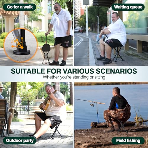 Image of Walking Cane with Seat - Folding Lightweight Walking Cane Chair for Seniors, Adjustable Height 32 inch-36 inch, Heavy-Duty 3-Legged Cane Stool for Men Women (Black)