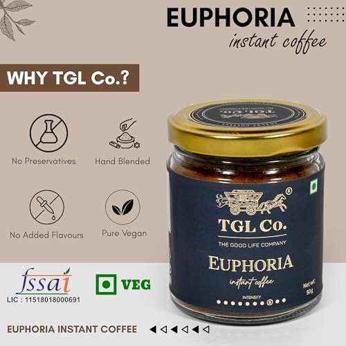 Image of TGL Co. The Good Life Company Euphoria Instant Coffee Powder 50 Gm Jar| Anti Oxidant | Boost Energy | No Artificial Flavour