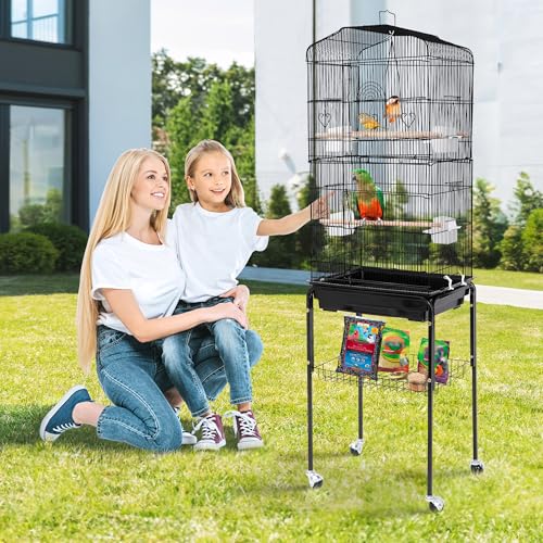 ZENY 63.4 Inch Bird Cage, Rolling Wrought Iron Parrot Cage with Side-Out Tray, Storage Shelf, Pet Bird House for Parrot Cockatiel Cockatoo Parakeet Macaw Finches - Image 2
