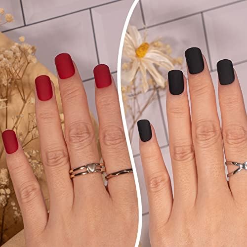 Vamony Matte Red Black Press on Nail Pack - Square Short 48PCS Fake Nails, Manicure Stick on Nailsl Gifts for Women, Wine Red Black False Nails