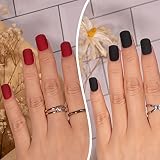 Vamony Matte Red Black Press on Nail Pack - Square Short 48PCS Fake Nails, Manicure Stick on Nailsl