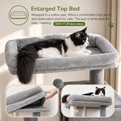 Image of Globlazer Cat Tree Tower with Scratching Post for Indoor Cats, 53inch Tall Plush Multi-Level Cat Climbing Tower Condo House with Large Hammock, Spacious Cat Cave, Padded Top Perch Bed, F53, Light Gray