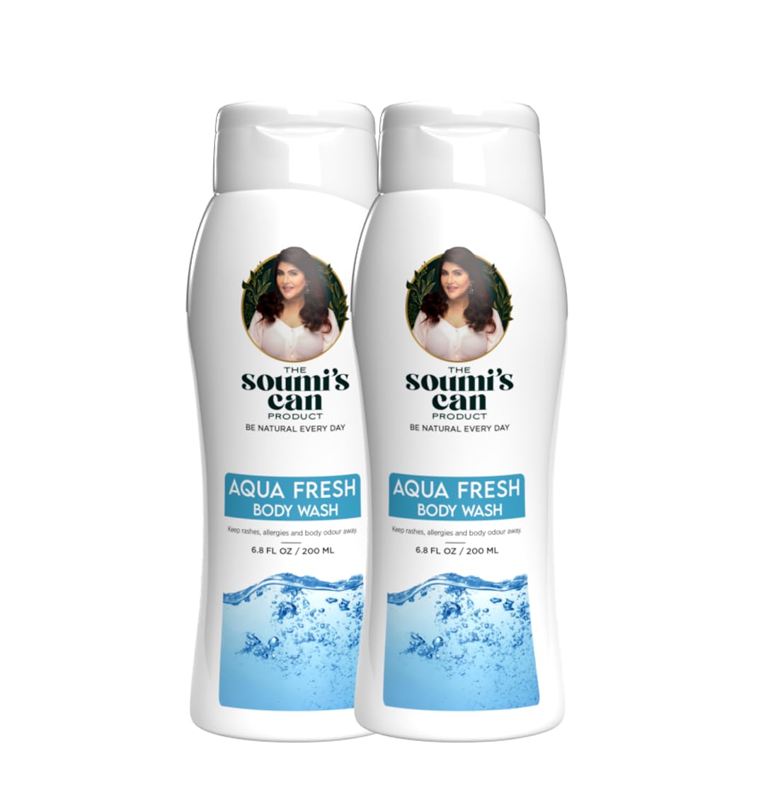 THE SOUMI'S CAN PRODUCT Aqua Fresh Body Wash with Lemon Grass Extract, Chamomile Flower Extract, Mint Extract for Day-Long Cooling, Refreshing Skin & Soothing Hydration | Keeps Rashes & Allergies Away | For Women & Men | For All Skin Types | 200ml (Pack of 2)