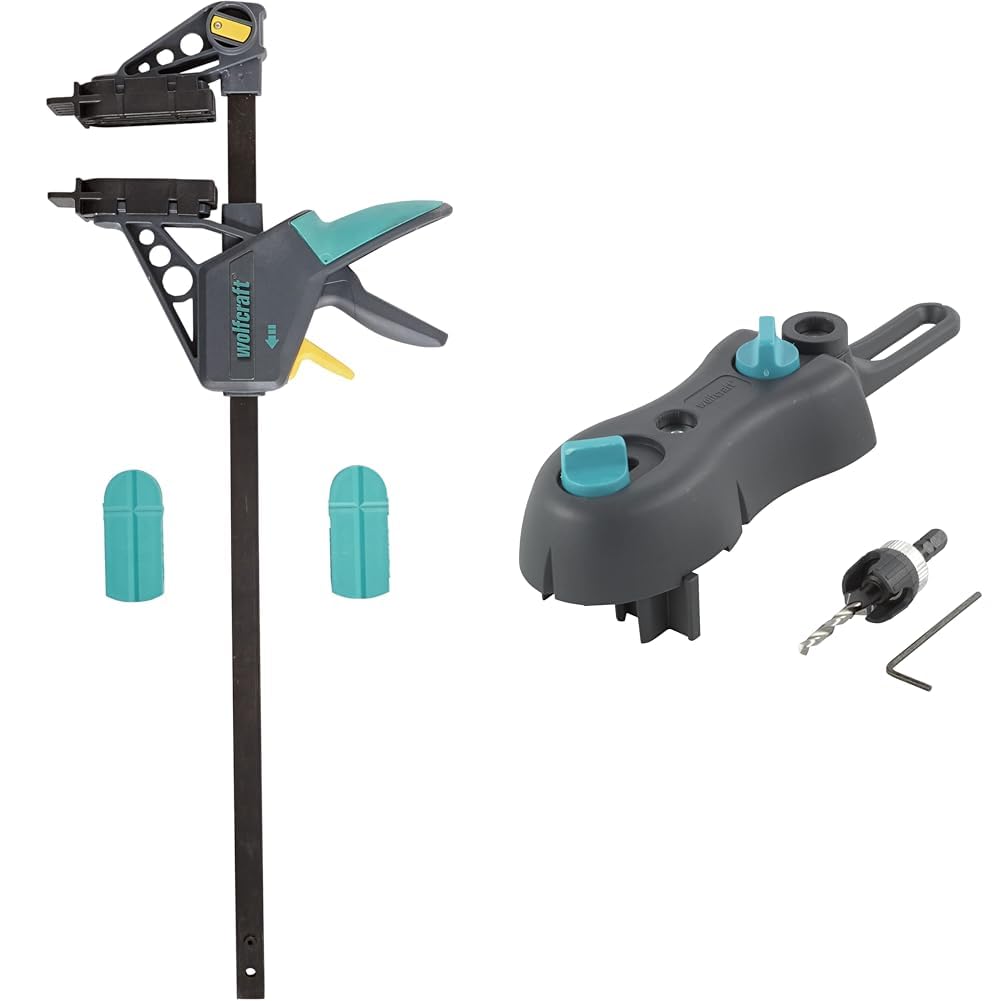 wolfcraft 6985000 - Serre-joint à Main pour Pose Terrasse, Noir & 6960000 - Kit de Perçage pour Terrasse Bois - Pour un Vissage des Lames de Terrasse - Pour Lames de 100 à 145 mm - 3 pièces