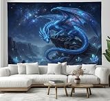 DLERFLOVR Appeso a Parete Decoración Casa Dragón Misterioso - 150x130 cm,Tapiz de Pared Vista Nocturna Mágica Colgar en la Pared Tela Tapices Decorativo para Habitacion Dormitorio Salon, Azul Marino