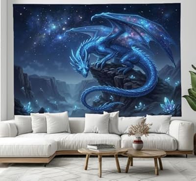 DLERFLOVR Appeso a Parete Decoración Casa Dragón Misterioso - 150x130 cm,Tapiz de Pared Vista Nocturna Mágica Colgar en la Pared Tela Tapices Decorativo para Habitacion Dormitorio Salon, Azul Marino | Ya disponible en tu tienda friki favorita! En mundofriki.es!