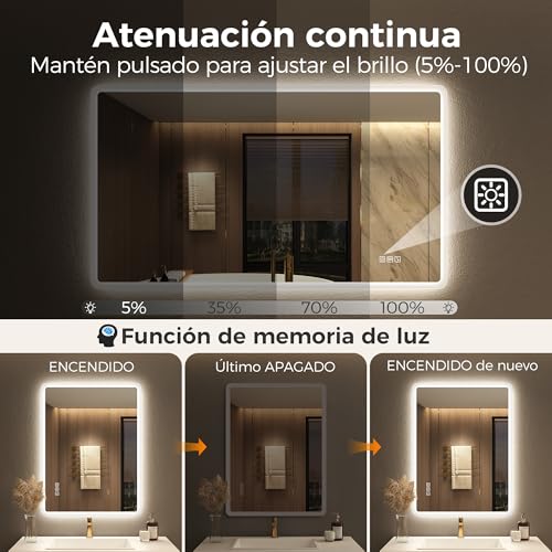 Miniatura 5 de Starlead Espejo-Baño-Con-Luz 100x70cm Con Bluetooth Y Desempañador, Espejo-Baño-Led Con Regulable Y 3 Temperaturas De Color, Función De Memoria, Ip44 Espejos-De-Baño-Con-Led, Horizontal Vertical