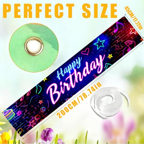 Image of Neon Happy Birthday Outdoor Banner 78.7 x 17.7 Inch Colorful Glow Letters with Music Notes Stars and Hearts Pattern Party Decoration for Yard Garden Fence Porch Patio or Outdoor Celebration Display