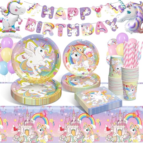 LAISLLA Assiettes Anniversaire Licorne, Vaisselle Anniversaire Licorne Decoration Fille, Deco Licorne Ballon Vaisselle Anniversaire pour Enfants Party Fête Mariages Baby Shower Noël, 16 Invités