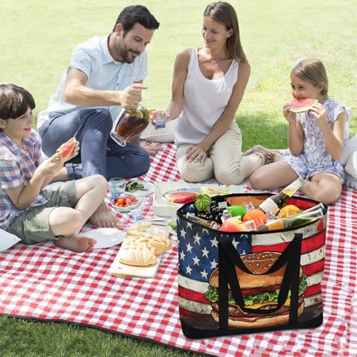 Hamburger American Flag Large Insulated Tote Bag for Grocery Shopping Reusable Tote Bags for Women Men, Cooler Bag with Zippered Top & Handles for Beach Picnic Travel3