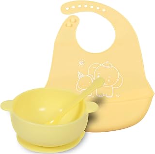 Conjunto Introdução Alimentar Tigela de Silicone Com Ventosa E Babador de Silicone Pega Migalhas Kit Antiaderente Impermeável Infantil (Amarelo)