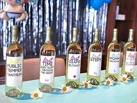 New Baby Gift Essentials For Mom & Dad | Wine Beer Stickers for Baby Shower Presents (Mommy Milestones Wine Labels Classic)