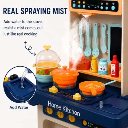 Image of Kids Kitchen Set with Pretend Play Accessories, Water Spray Cooking Effect, Toy Oven, Sink, Storage Shelves & Kitchen Utensils, Role Play Cooking Toy for Boys & Girls
