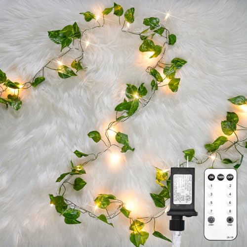 Suddus Vine With Fairy Lights Plug In, 33Ft 100 Led Pothos String Lights Connectable With Remote, Leaf Lights For Bedroom, Room, Wall cover
