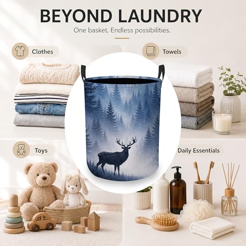 Image of Deer Forest Laundry Basket, Winter Landscape Collapsible Laundry Hamper Waterproof Oxford Cloth With Handles, Clothes Storage Bucket For Bathroom /Bedroom 16 inch x 20.8 inch