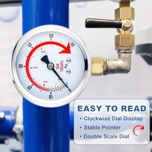 Image of Flutesan 6 Pcs 0-60psi Low Pressure Gauge 2.5 inch Face Dial Size 1 /4 NPT Lower Mount Waterproof Pressure Gauge with Stainless Steel Case for Pool Water Pump Tire Water Oil Air